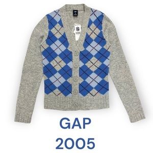 NWT 2005 Vintage GAP Argyle Lambswool Cardigan Sweater XS